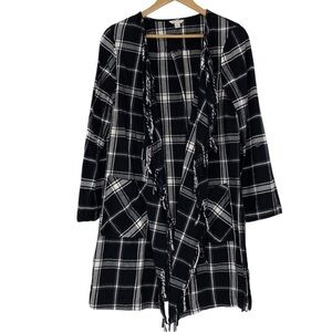 C Est 1948 Women's Plaid with Fringe Open Cardigan Top Black & White Sz Large